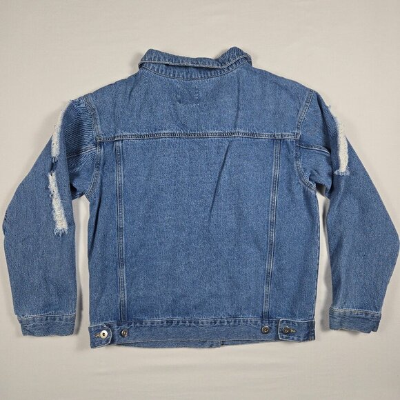 Love Tree Distressed Blue Denim Jacket Women’s Size L Ripped Casual Button-Up - Picture 4 of 16